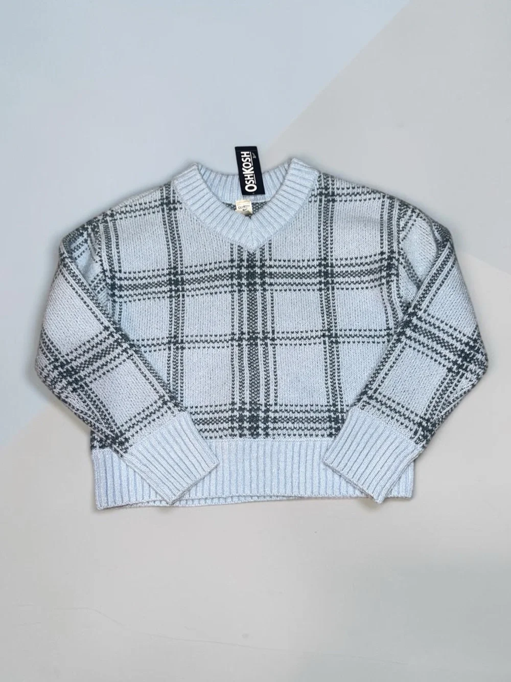OshKosh B'gosh Light Blue & Gray Plaid V-Neck Sweater Girls (8) NWT